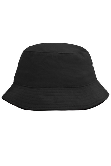 A black Fisherman Piping Hat with a wide brim, featuring a logo on the side. Suitable for outdoor activities.